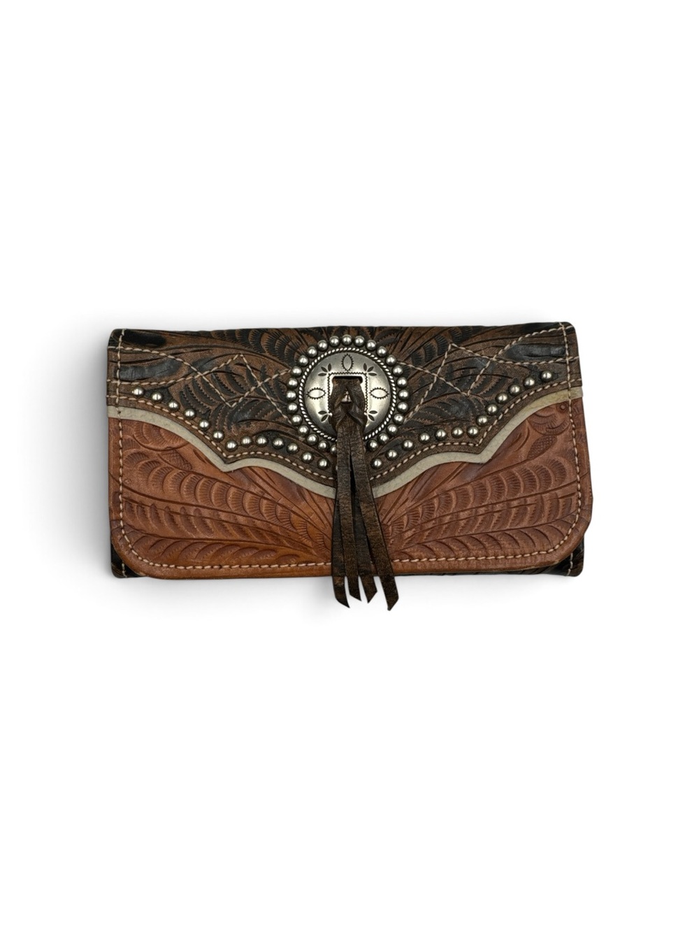Y2K American West Tooled Leather Concho Fringe Rodeo Wallet Genuine Leather